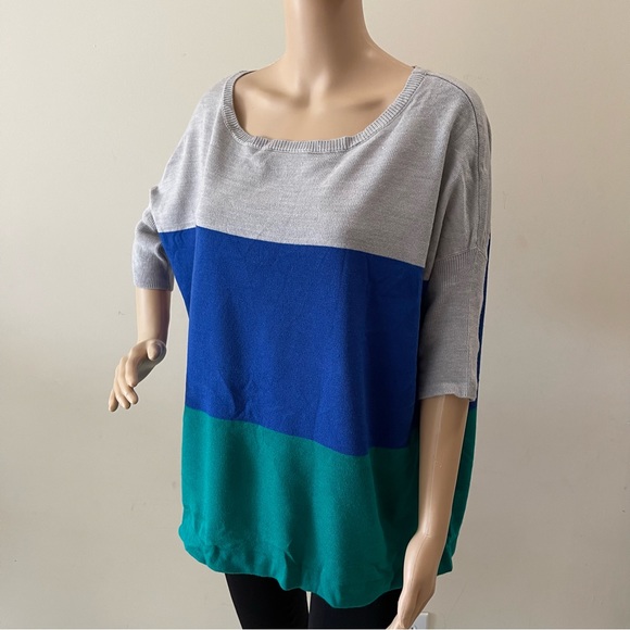 Blue and Grey Colorblock Short Sleeve Scoop Neck Knit Sweater - Picture 3 of 10